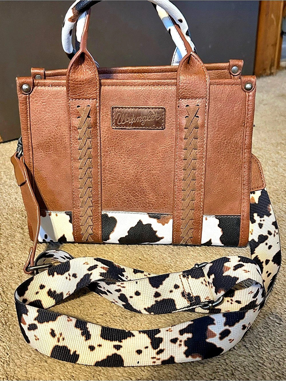 Wrangler Cow Print Concealed Carry Tote/Crossbody Brown & White